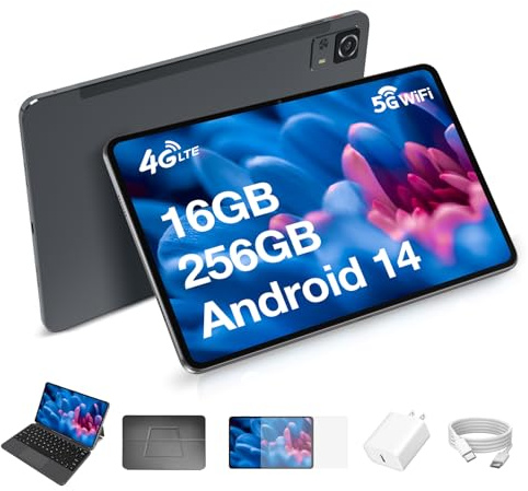 Weelikeit Tablet med 12 knappar med tangentbord, 4G LTE med kortplats Dual SIM, 5G WiFi, 2K FHD Android 14 Tablet, 16GB RAM + 256GB ROM Tab, 20W ricarica rapida, 5MP+13MP PC Tablet 8000