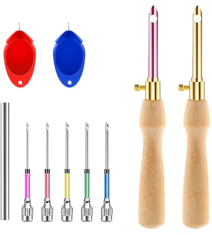 Piriuuo 10 Stück Punch Needle Set, Stickerei Starter Kit Punch Needle Kit Stanznadel Set Einstellbare Stanznadel Werkzeug in 7 Größen mit Holzgriffen Sticknadeln Anfänger für DIY Nähen Stickerei