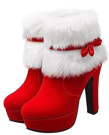 SAFIGLE Christmas Booties Costume Heels for Women Winter Suede Warm Platform Booties Lace High Heel Boots Ankle Boot Shoes Santa Claus Booties Heeled Comfort Heels Xmas Red Artificial