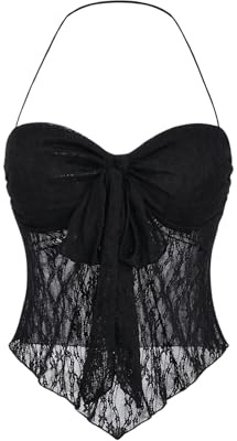 GORGLITTER Damen Crop Tops Y2K Top Mit Spitze Neckholder Top Sommer Trägert