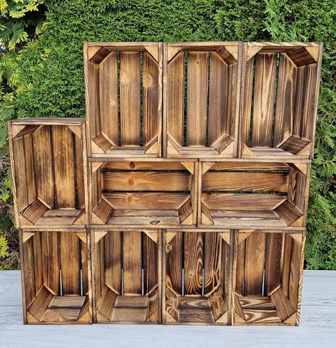 PYXIDAS Caisses en bois massif 30x20x15 cm, lot de 1 à 12 – Pour le rangement et la déco – Finition naturelle ou effet brûlé – Style rustique, solide et empilable (Effet brûlé 10 caises, 30x20x15)