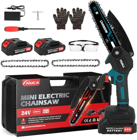 Mini Chainsaw 24V with 8000mAh Battery, 6-Inch Cordless Chainsaw with 2 Powerful Batteries & 2 Chains – Safety Lock & High-Power Motor for Efficient Woodworking, Tree Pruning & Garden Maintenance
