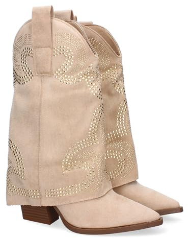 shoes&blues.es 90335 Botines de Tacon para Mujer, Estilo Cowboy Polaina, Comodas y Elegantes, con Adorno de Tachuelas Sin Cierre. Beige Talla 39
