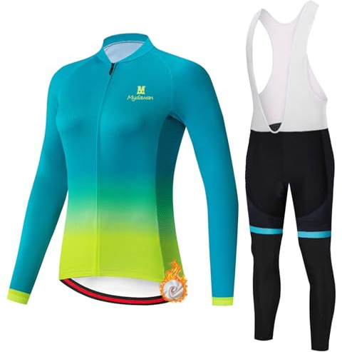 Abbigliamento Ciclismo Completo Bici MTB Donna,Tuta da Ciclista Invernale Maglietta Ciclo Termico Vello Giacca Manica Lunga e Salopette Pantaloni con 19D Gel Imbottiti,Completi Maglia da Bicicletta