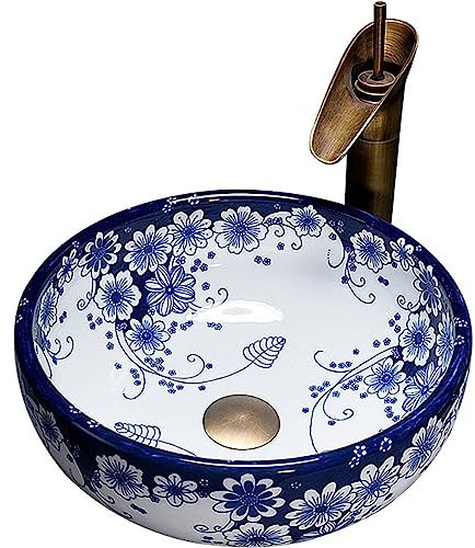 SdaryWare Vasque Ronde en céramique Blanche et Bleue de 35 cm - Vasque de Salle de Bain Moderne à Poser, Petite Vasque en Porcelaine avec Robinet