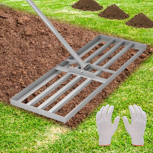 Rastrello livellatore per prato, in acciaio zincato resistente, con testa regolabile da 91 x 30 cm e manico estensibile da 132 a 198 cm, resistente alla ruggine, saldato, guanti inclusi