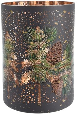Kaemingk Teelichthalter Glas 12,5cm 1 Stück - Teelichtglas mit Tannenzweigen & Zapfen Motiv - Kerzenhalter Windlicht für Teelichter - Kerzenglas Tischdeko Weihnachtsdeko Winterdeko