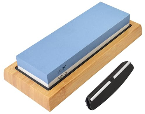 Gunpla Knife Sharpening Stone 1000/6000 Grit Whetstone with Non-Slip Rubber Bamboo Base and Angle Guide for Kitchen, Hunting and Pocket Knives
