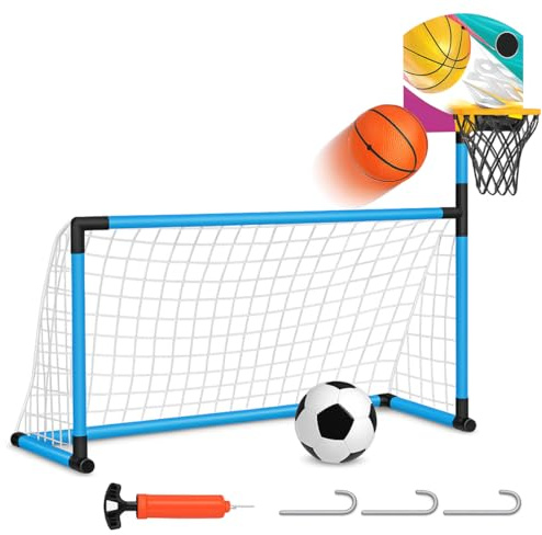 Xwin Sportseries 2-in-1 Kids Sports Set – Indoor & Outdoor Basketball Hoop with Football Goal Set Toy – Includes Balls & Pump – Active Play Toy for Boys and Girls – Backyard & Garden Game Set Toy