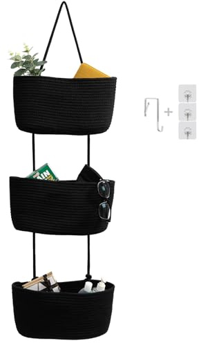 TeoKJ Hanging Basket for the Door, 3-Tier Wall Organiser, Hanging Organiser, Storage Baskets, Made of Cotton Rope, Woven with Hooks for Wall, Hanging Shelf Bathroom, Decorative Hanging Kitchen Baskets
