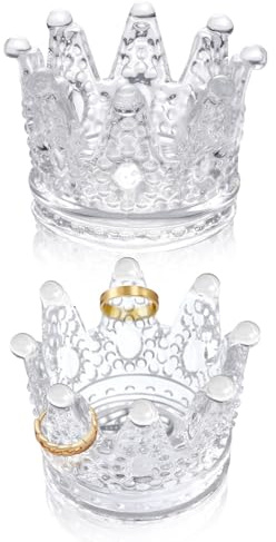 Roucerlin 2 piezas de cristal transparente para anillos de corona, bandeja decorativa para baratijas, bandeja de joyería para mujer, cuenco de anillo para aretes, collares, pulseras, llaves
