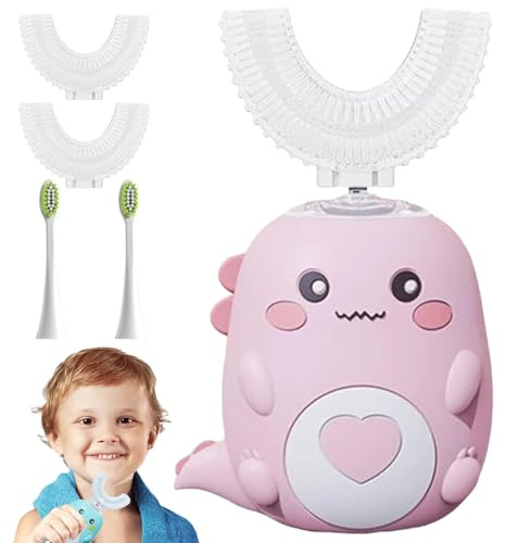 Lulabini Dino Brush 360 Kinder-Ultraschallzahnbürste, U-förmige Elektrische Kinderzahnbürste mit 4 Bürstenköpfen, Schallzahnbürste mit 5 Modi, 360-Grad-Reinigung (Pink, 7-12 Jahre alt)