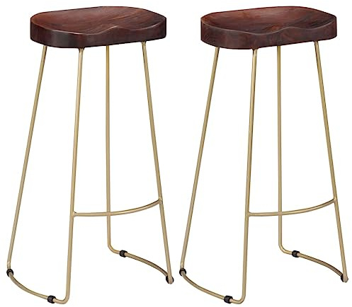Yunovire Gavin Lot de 2 tabourets de bar en bois massif mangue finition noyer 45 x 40 x 78 cm Design industriel vintage pour îles de cuisine et tables de bar, chaises de bar robustes