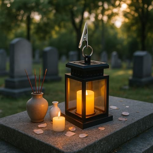 Lanterne funéraire cimetière résistante aux intempéries - Lanterne solaire pour l'extérieur - Lampe funéraire pour tombe - Noire - Avec bougies LED - Petite lanterne à bougie - Cadeau pour deuil (B)