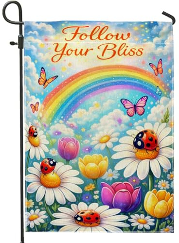 Bandera de jardín de arco iris, mariposa colorida de primavera con diseño de mariquita, brillante de doble cara, banderas decorativas para patio al aire libre, césped, porche delantero, balcón, 12 x