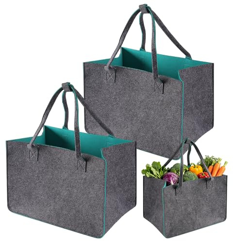 FAAING 3 borse in feltro da 30 l con manico, 40 x 27 x 27 cm, grande, in feltro con tasca interna e chiusura, borsa per la spesa pieghevole per il lavoro e lo shopping nel tempo libero