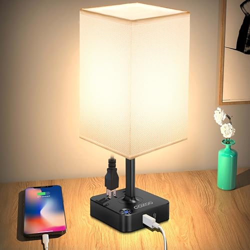 COZOO USB Bedside Table Desk Lamp with 3 USB Charging Ports,Black Charger Base with White Fabric Shade, LED Light for Bedroom/Nightstand/Living Room/Office/Desktop (White-US)