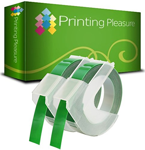 Printing Pleasure 2X Grün Prägebänd S0898160 Prägeetiketten für Dymo Junior S0717900 & Omega S0717930 Prägegeräte | 9mm x 3m | weißer Druck auf grünem Untergrund