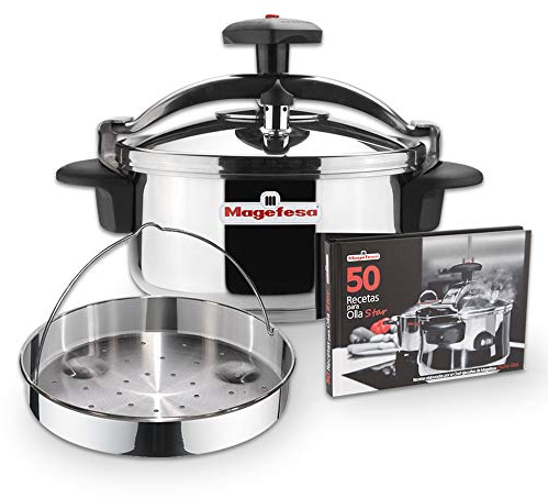 Magefesa Star Recta - Pack Exclusif Autocuiseur Traditionnel 4L + Panier + Livre de Recettes, Acier Inoxydable 18/10, Compatible avec l’Induction