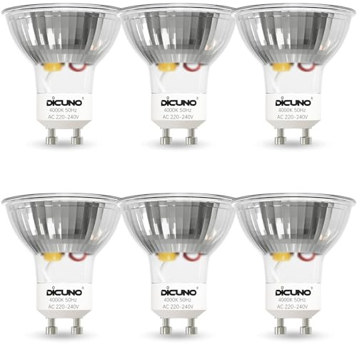 DiCUNO Lampadina LED GU10, 5W, Bianco naturale 4000K, Equivalente alogeno 50W, per faretti, 500lm, Non dimmerabile, 220-240V, Fasci larghi 120 °, 6 Pezzi