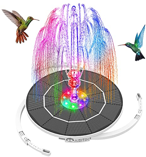 AISITIN Solar Fountain Pump 3.5W LED Solar Powered Water Feature and Built-in 3000mAh Battery and Round Shape Solar Water Pump with 6 Nozzles for Bird Bath, Garden, Pond, Pool, Fish Tank
