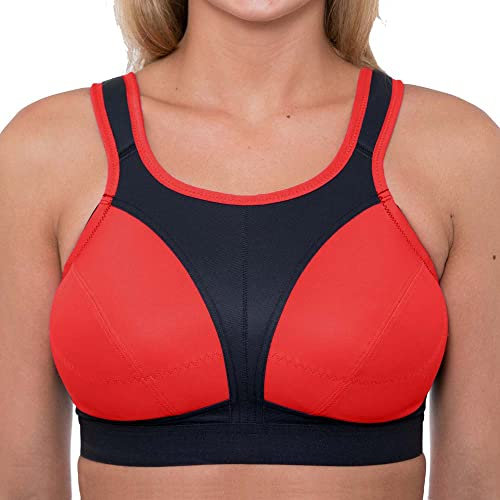 Gemm Ladies Plus Size Sports Bra for Women High Impact No BOz Non Wired Large Busts Including Free Bra Extender Gym Exercise Yoga Running Athletic Workout Sportswear (38 G, Black & Red), 38G