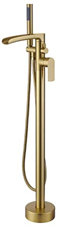 TapLong Wasserfall freistehende Badewannenarmatur Set Einhebel Bodenmontage Wannenfüller mit Handbrause Hohe Durchflussmenge Max 6 GPM, gebürstetes Gold, 51019BG