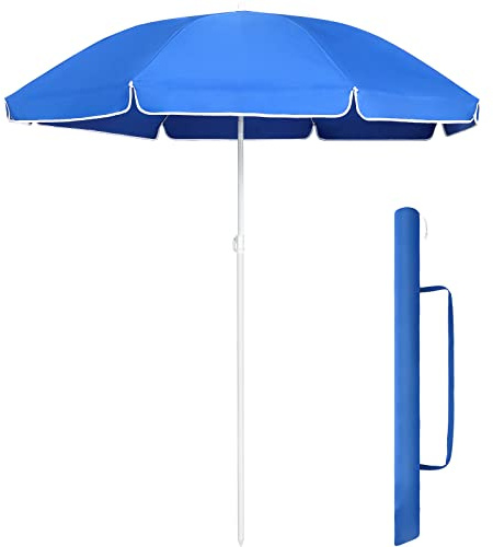 LIFERUN Parasol Inclinable 160cm, Parasol Pliable Rond, Parasol de Jardin Extérieur, Protection UV 20+, avec 8 Baleines, pour Plage, Balcon, Terrasse, 160 g/m², Bleu