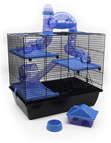 Rufus Nagerkäfig Schwarz Blau 45x50x33cm für Hamster Maus Rennmaus mit Häuschen Laufrad UFO Leitern Futternapf Zubehör