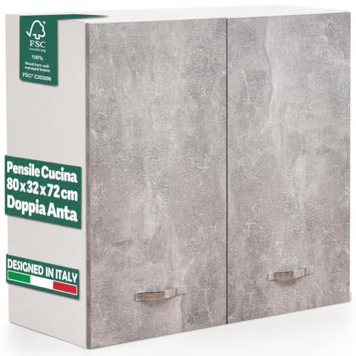 Hängeschrank für die Küche, Hängeschrank aus Holz mit Zwei Türen, 1 Regal und 2 Fächern, geräumiger und robuster Wandschrank, Maße: 80 x 32 x 72 cm (grau)