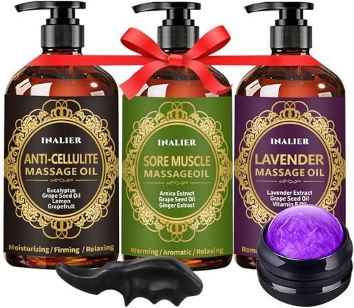 Mothers Day Gifts for Wife,Massage Oil for Massage Therapy,3 Pack Cellulite Massage Oil,Sore Muscle Arnica Oil & Lavender Massage Body Oil with Massage Ball & Thumb Saver Tool,Fathers Day Gift