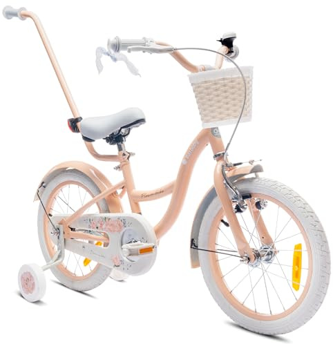 sun baby Flower Bike Vélo Enfant Fille 16 Pouces, dès 4 Ans, avec Petites Roues, Barre de Poussée, Panier, Sonnette, Frein V-Brake (Abricot, 16 Pouces)