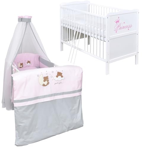 Generisch Baby Delux Babybett Komplett Set Kinderbett umbaubar zum Juniorbett weiß 70x140 Princess Bettwäsche mehrteilig (Traumland rosa grau)
