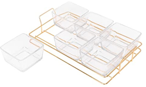 VILLFUL Divided Fruit Tray 6 Glass Compartments and Gold Iron Frame, Party Snack Serving Dish for Nuts, Candy, and Appetizers, for Entertaining and Serving