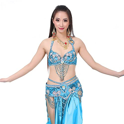 BAtlam Dance Wear orientalischer Tanz Pailletten Perlen BH und Gürtel Bauchtanz Anzug 2 Stück Kostüme für Bauchtanz (Türkis L)