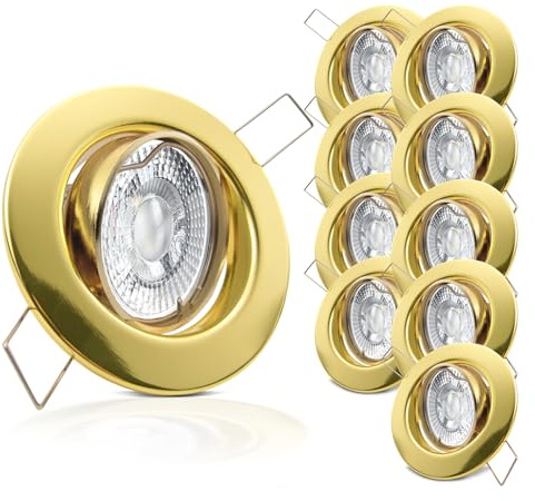 trendlights24 Decora LED Einbaustrahler 230V Gold 10er Set 7W dimmbar GU10 | Decken Einbauleuchte, rund, Warmweiß, Abstrahlwinkel 50°, stufenlos dimmbar, Lochmaß 68 mm, Einbauspots, schwenkbar
