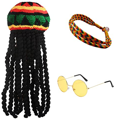 1 cappello lungo intrecciato, 1 bicchiere e 1 braccialetto intrecciato, berretto per parrucca intrecciato nero, accessorio per costumi per feste e cosplay