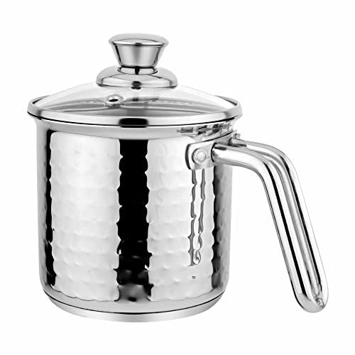 Prabha tung mätare inkapslad bas rostfritt stål kompatibel med induktions- och gasspis bas hamrad mjölkkastrull med glaslock, kapacitet 1,8 l, storlek 14 cm, hållbar under lång tid