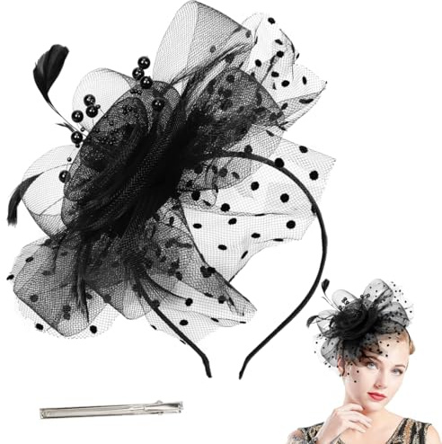 Aurasky Bibi-hatt för kvinnor, fascinatorhatt för kvinnor, clip-on växthus med blomma och fjädrar i nät, håraccessoarer för flickor för Karneval, fest, bröllop, cocktail, tefest, svart
