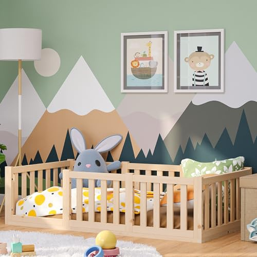 Bellabino Tapi Bett 80x160 cm, Kinderbett mit Rausfallschutz, inklusive Lattenrost, Montessori Bodenbett für Jungen und Mädchen aus Kiefer Massivholz, Natur lackiert, Bed