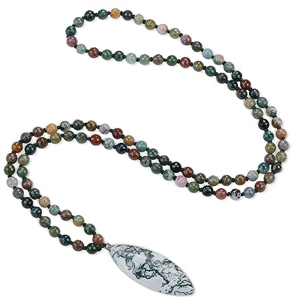 COAI Geschenkideen Unisex Verknotete 108 Mala Kette Meditationskette Gebetskette aus Indischem Achat mit Moosachat Anhänger