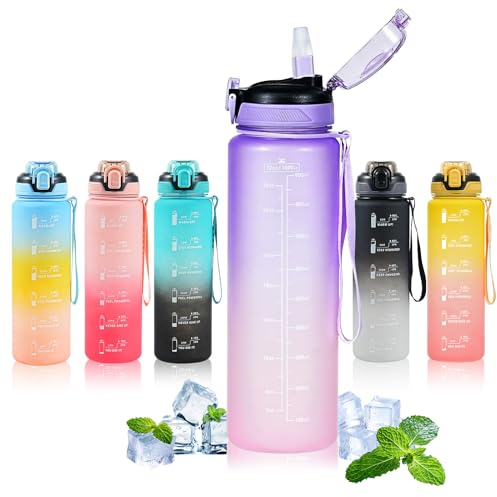 Water Bottle with Straw 1L,Boys Water Bottles with Straw 1 Litre,Waterbottle Leak-Proof Sports Water Bottle,Plastic Drinks Bottles Toxin Free，Bpa-Free (Gradient Purple)