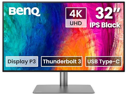 BenQ PD3225U 32 Inch 4K IPS Black UHD Thunderbolt Monitor for MacBook, AQCOLOR, 98% P3, 100% sRGB & Rec.709, DeltaE ≤2, Uniformity, Factory Calibration, USB-C 85W, USB Hub, Daisy Chain, KVM Switch