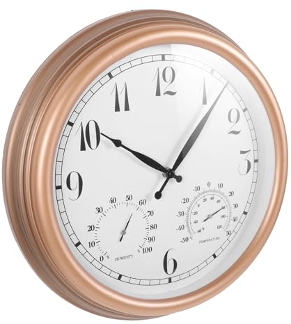 TOPPERFUN Wanduhr Außenuhr Aus Kunststoff 15 Zoll Mit Hygrometer Und Thermometer Für Terrasse Und Garten Wetterfest Mit Klaren Arabischen Ziffern
