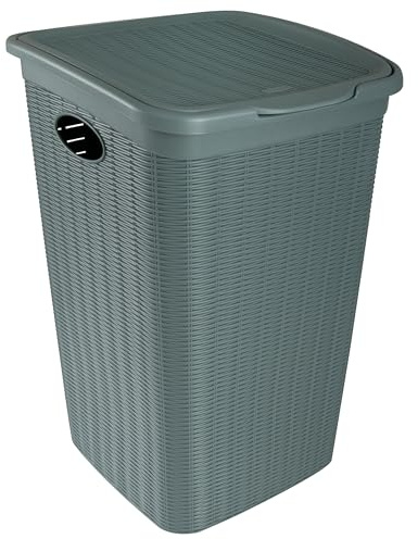 Wäschekorb 50 Liter groß Grün - Rattanoptik mit Deckel - aus recyceltem Kunststoff Wäschesammler mit Löcher 38x36x54cm Wäschebox Wäschesortierer Haushaltskorb Haushalt Wäschetruhe Wäschetonne