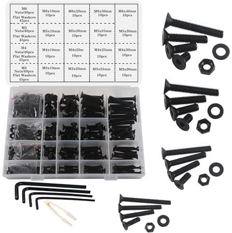 huruirui M3 M4 M5 M6 Jeu de Vis Boulons et Écrous, 500Pièces Noir Hex Socket Head Cap Vis Boulons à Tête Plate,Filetage Machine Boulon et Écrous Ensemble Outils Assortiment Kit