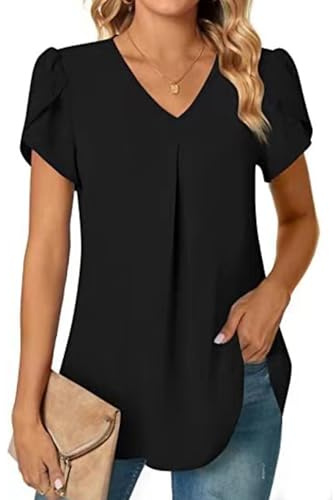 SHEKINI Chemisier Femme Chic et Élégant à Col en V Blouse Femme Été Manches Courtes Tunique Longue Mousseline Haut Top Décontracté Couleur Unie Coupe Ample