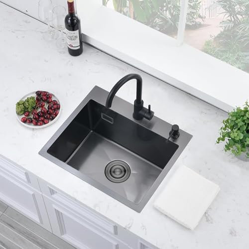 Bokaiya Black Small Kitchen Sink, Stainless Steel Kitchen Sink 55 x 45 cm, Drop in Topmount Single Bowl with 2 Tap Holes, Basket Strainer Waste and Overflow Kit, 1 Bowl, Rectangular