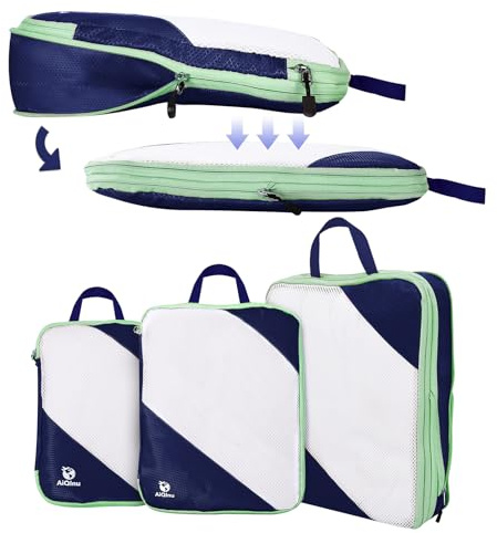 AiQInu Rangement Valise Lot de 3,Packing Cubes Compression Organisateur de Voyage Ultraléger, Extensible, Sac à Chaussures, Bagage Compression (Bleu foncé)