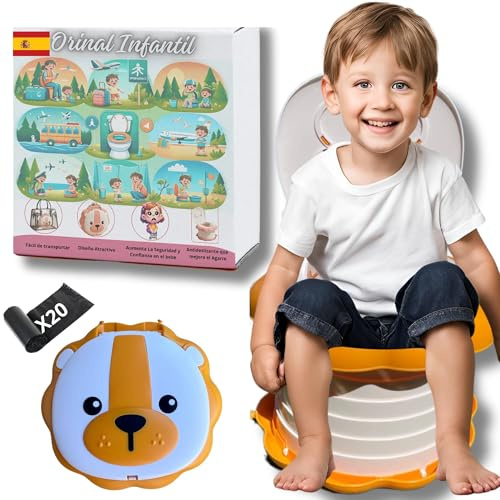 Orinal Portatil Niños Plegable Naranja Compacto 26x26x6cm y Ligero 800Gr para llevar siempre contigo | Diseño León Divertido facilita que tu bebe aprenda a ir al baño | Incluye 20 bolsas |Resiste 70kg